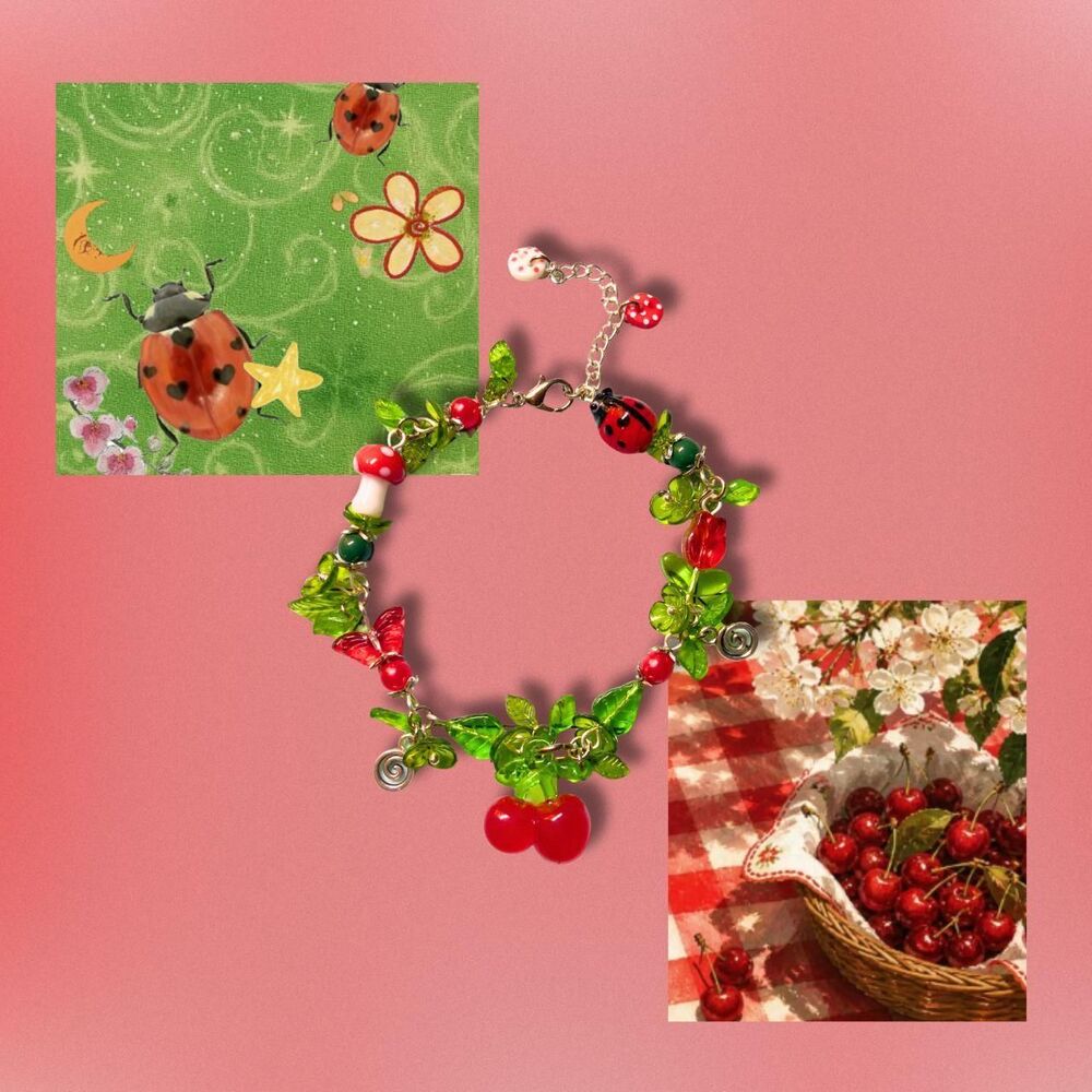 Cherry core, Cottage core, ladybug core core charm cluster bracelet